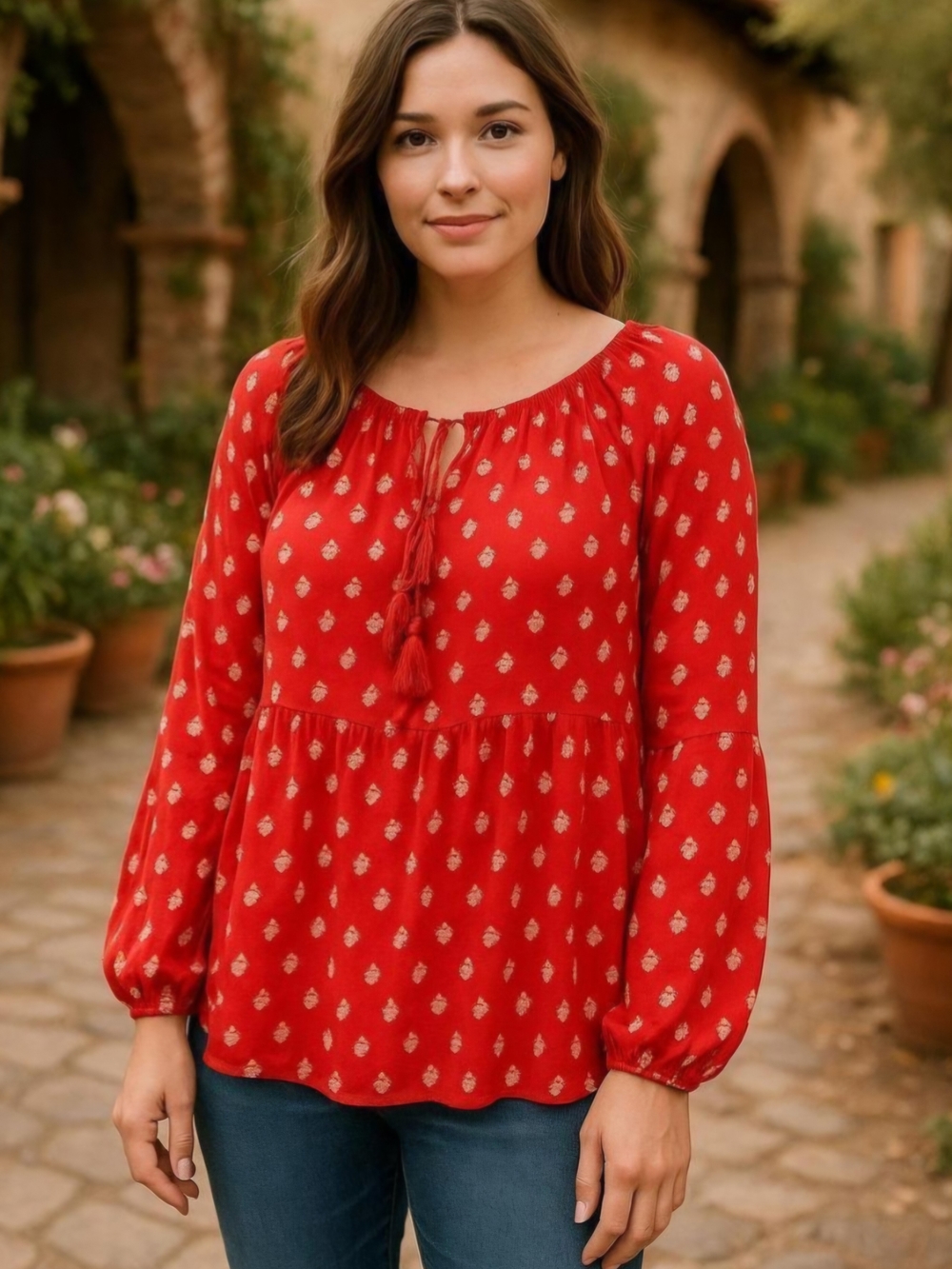 Old Navy Red Tassel-Peasant Blouse